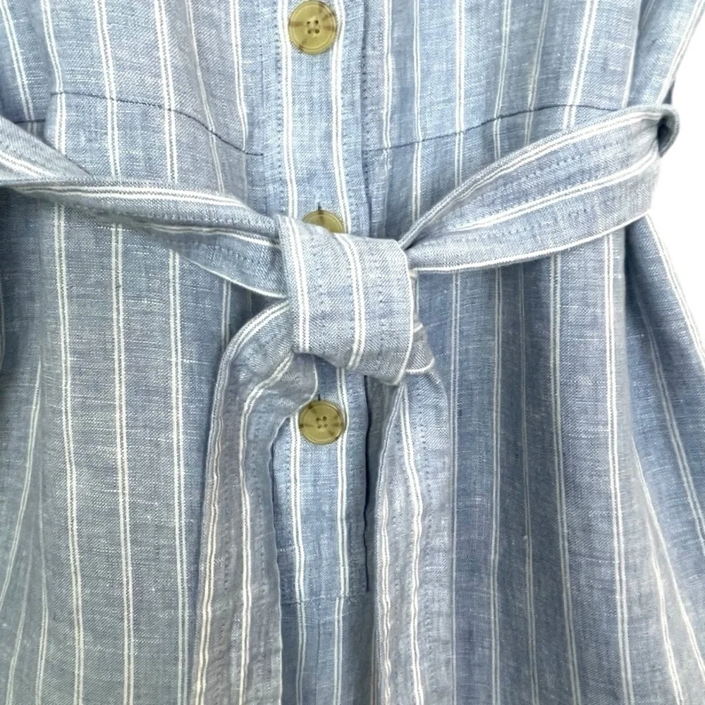 Everlane Linen Square Neck Blue Pinstripe Button‎ Down Tie Front Jumpsuit 2 NWOT